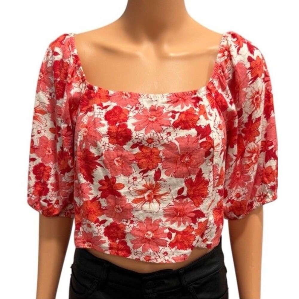 NWT Lucky Brand Linen Blend Floral Smocked Balloon Sleeve Top Sz M